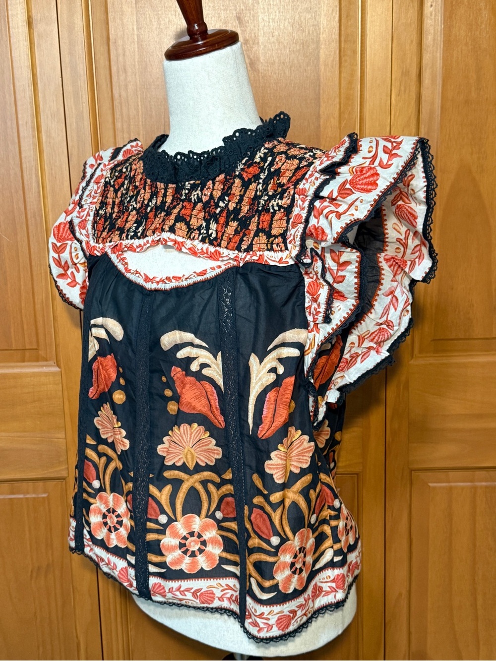 FARM Rio Black Floral Smocked Ruffle Sleeve Top with Orange Accents - Picture 7 of 16